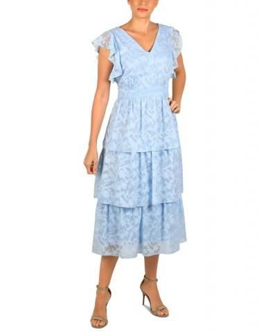 Women's V-Neck Flutter-Sleeve Tiered Dress Light Blue Gold $63.94 Dresses