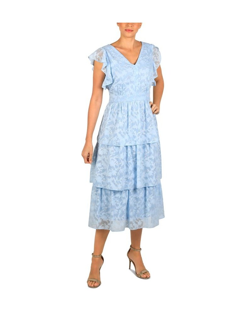 Women's V-Neck Flutter-Sleeve Tiered Dress Light Blue Gold $63.94 Dresses