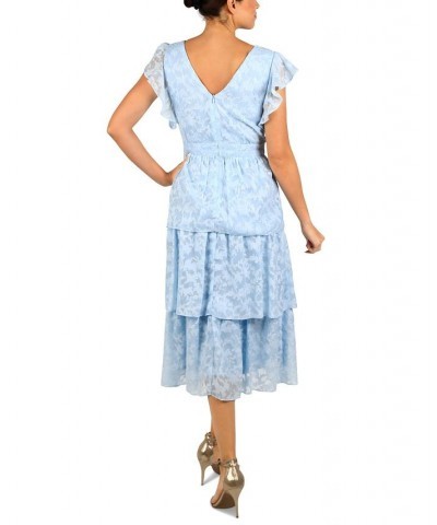 Women's V-Neck Flutter-Sleeve Tiered Dress Light Blue Gold $63.94 Dresses