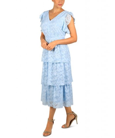 Women's V-Neck Flutter-Sleeve Tiered Dress Light Blue Gold $63.94 Dresses