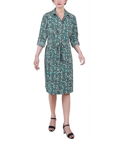 Petite Geometric Printed Long Sleeve Roll Tab Shirtdress Green Diatribe $19.24 Dresses