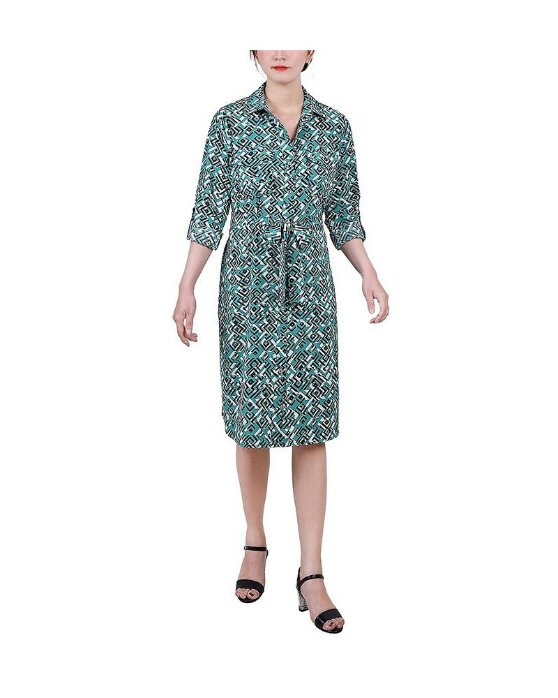 Petite Geometric Printed Long Sleeve Roll Tab Shirtdress Green Diatribe $19.24 Dresses