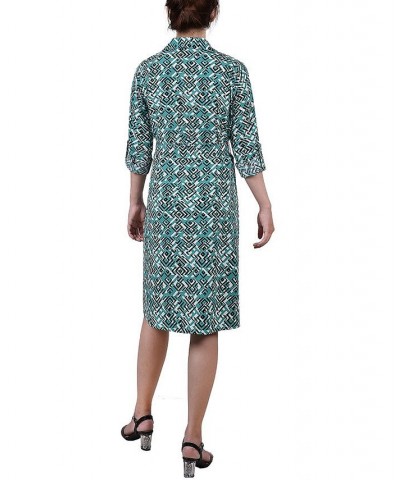 Petite Geometric Printed Long Sleeve Roll Tab Shirtdress Green Diatribe $19.24 Dresses