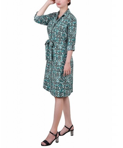 Petite Geometric Printed Long Sleeve Roll Tab Shirtdress Green Diatribe $19.24 Dresses