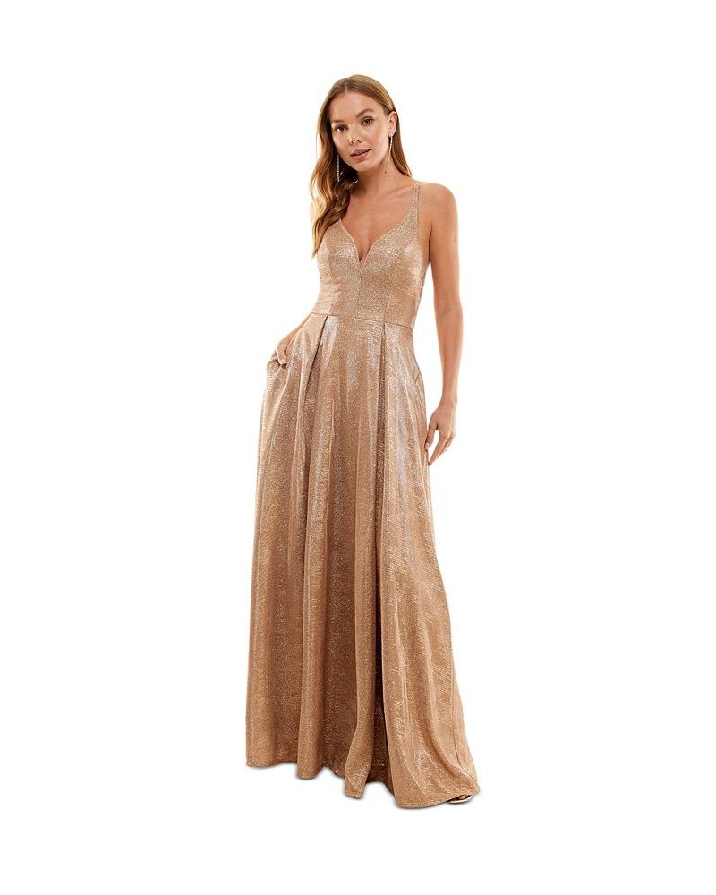 Juniors' Metallic Pleated X-Back Gown Rosegold $76.32 Dresses