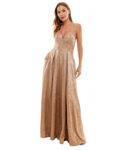 Juniors' Metallic Pleated X-Back Gown Rosegold $76.32 Dresses