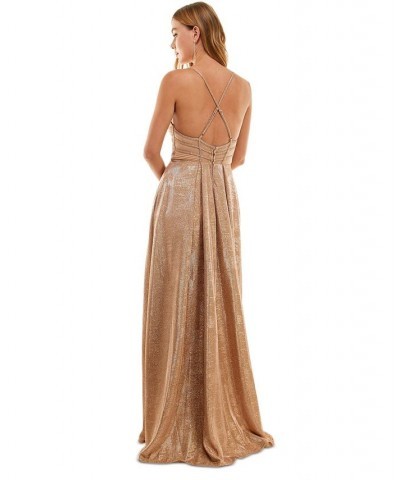 Juniors' Metallic Pleated X-Back Gown Rosegold $76.32 Dresses