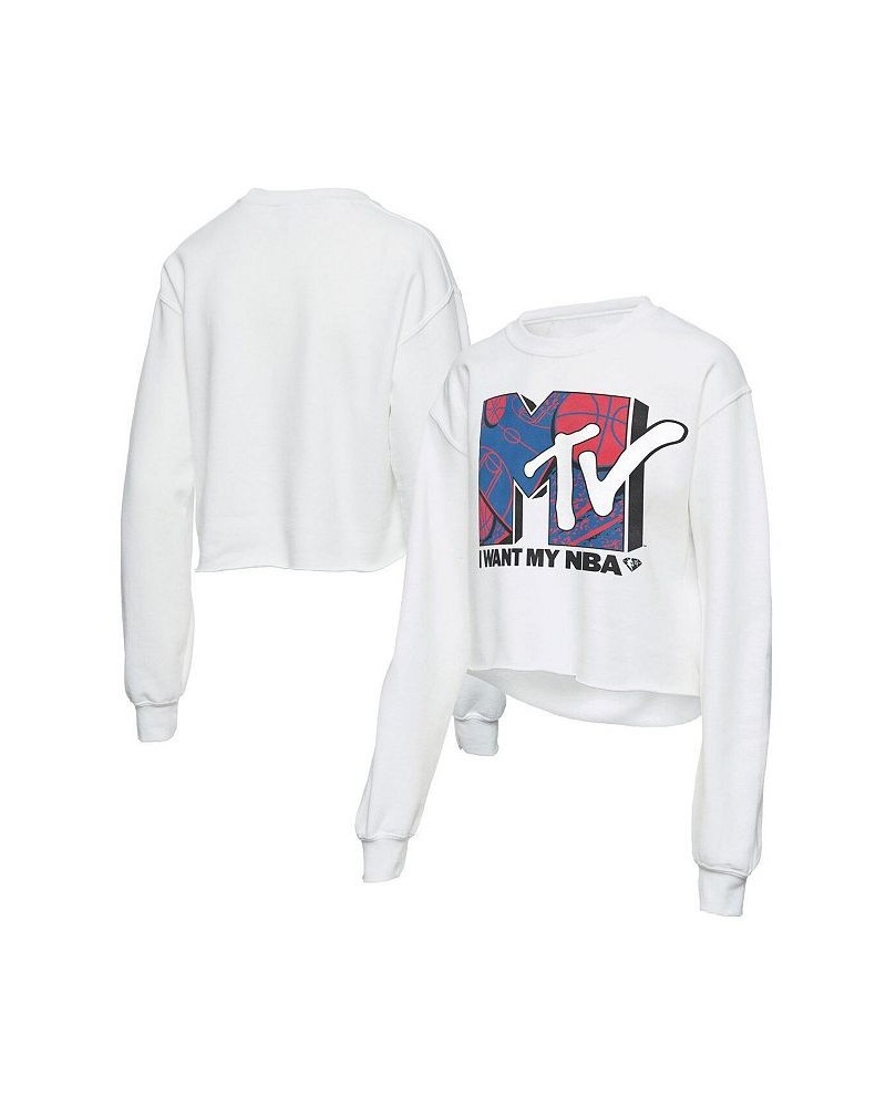 Women's White Nba X Mtv I Want My Cropped Fleece Pullover Sweatshirt White $29.40 Sweatshirts