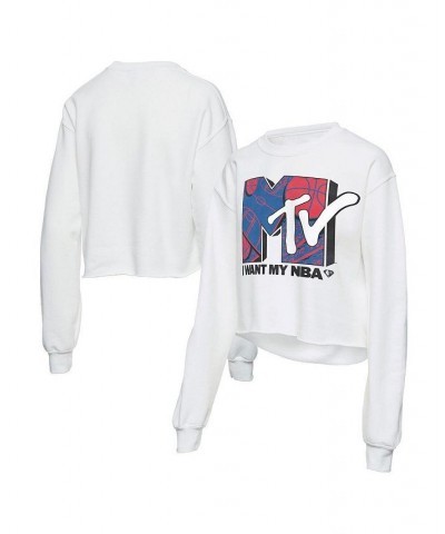 Women's White Nba X Mtv I Want My Cropped Fleece Pullover Sweatshirt White $29.40 Sweatshirts