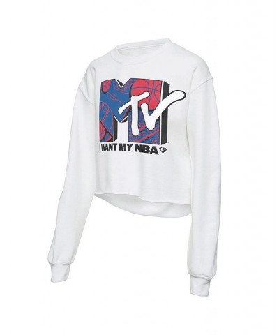 Women's White Nba X Mtv I Want My Cropped Fleece Pullover Sweatshirt White $29.40 Sweatshirts