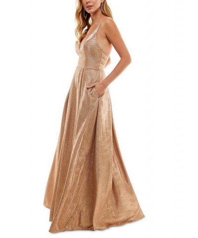 Juniors' Metallic Pleated X-Back Gown Rosegold $76.32 Dresses