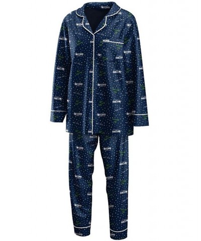 Women's College Navy Seattle Seahawks Long Sleeve Button-Up Shirt and Pants Sleep Set College Navy $32.90 Pajama