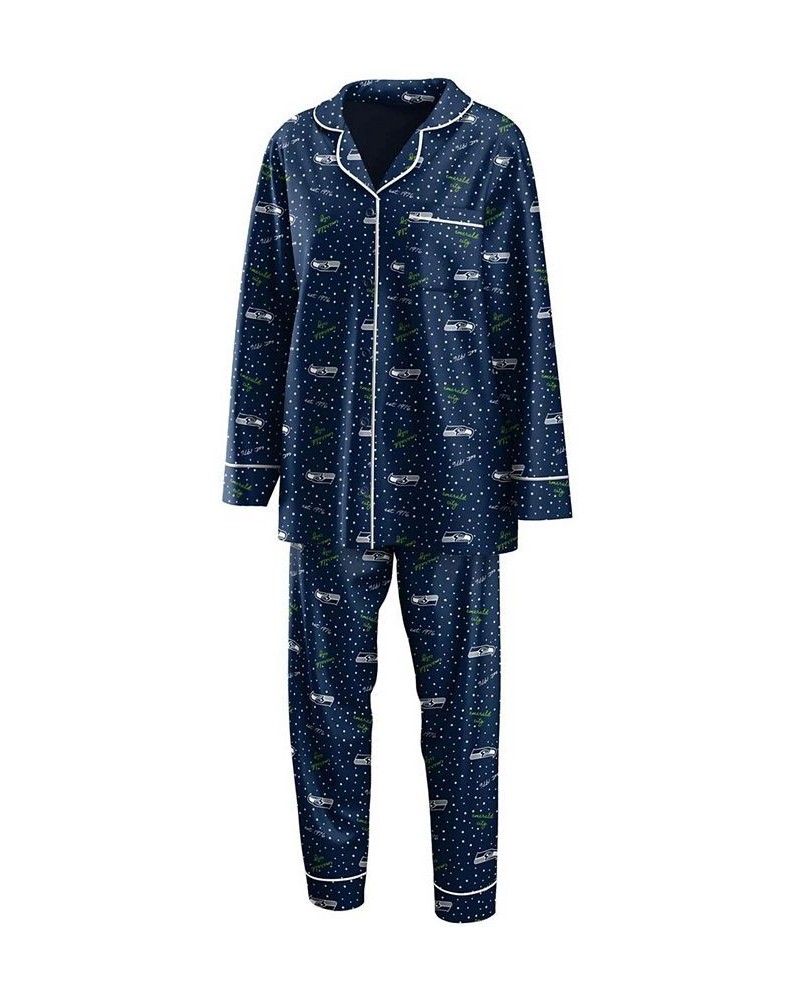 Women's College Navy Seattle Seahawks Long Sleeve Button-Up Shirt and Pants Sleep Set College Navy $32.90 Pajama