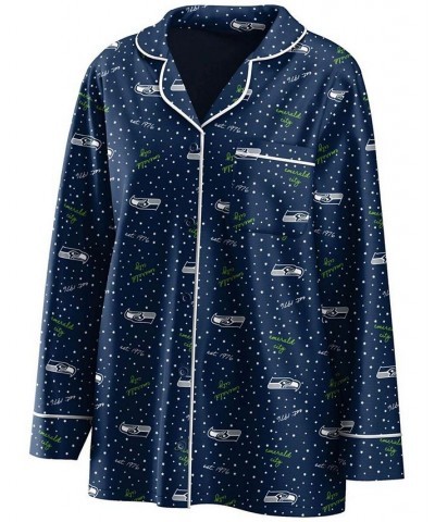 Women's College Navy Seattle Seahawks Long Sleeve Button-Up Shirt and Pants Sleep Set College Navy $32.90 Pajama