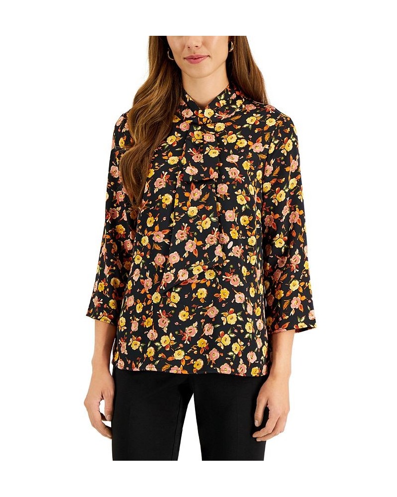 Women's Floral-Print Bow-Neck Blouse Black/mustard/pink $16.39 Tops