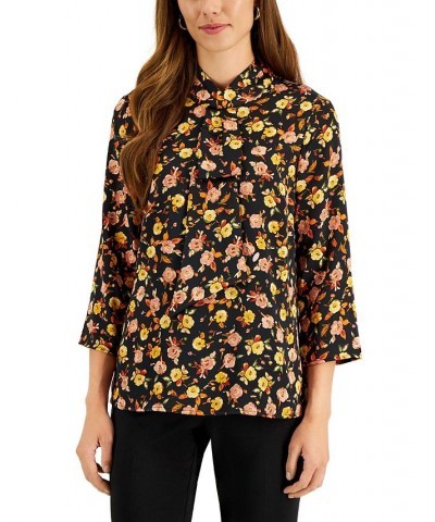 Women's Floral-Print Bow-Neck Blouse Black/mustard/pink $16.39 Tops