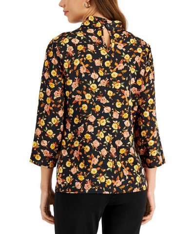 Women's Floral-Print Bow-Neck Blouse Black/mustard/pink $16.39 Tops