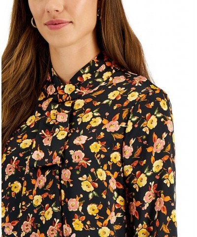 Women's Floral-Print Bow-Neck Blouse Black/mustard/pink $16.39 Tops