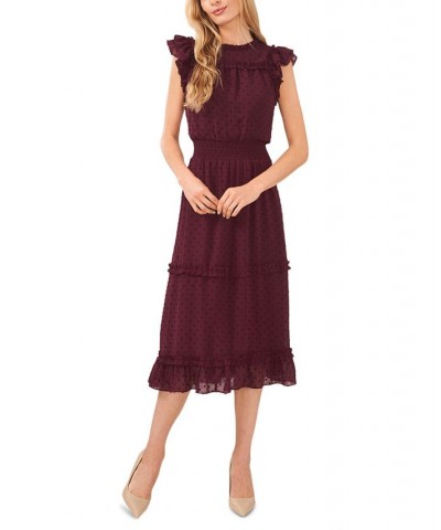 Women's Ruffled Flutter Sleeve Swiss Dot Midi Dress Rich Cabernet $45.14 Dresses