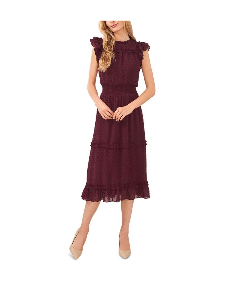 Women's Ruffled Flutter Sleeve Swiss Dot Midi Dress Rich Cabernet $45.14 Dresses