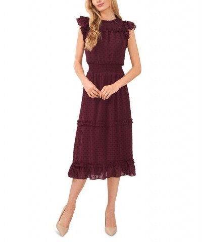 Women's Ruffled Flutter Sleeve Swiss Dot Midi Dress Rich Cabernet $45.14 Dresses