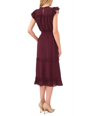 Women's Ruffled Flutter Sleeve Swiss Dot Midi Dress Rich Cabernet $45.14 Dresses