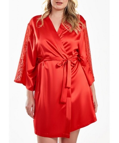 Milena Satin and Lace Robe with Self Tie Sash Red $33.42 Sleepwear