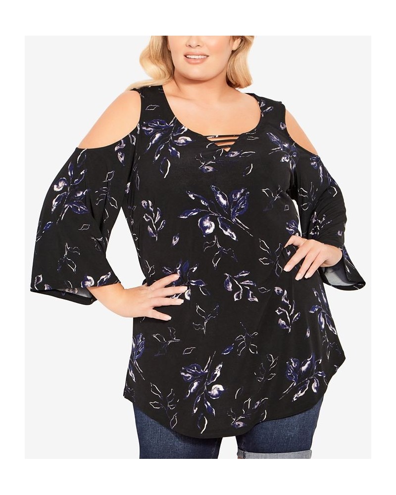 Plus Size Cold Shoulder 3 Bar Print Top Black Midnight Floral $30.24 Tops