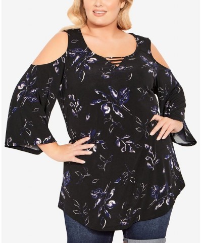 Plus Size Cold Shoulder 3 Bar Print Top Black Midnight Floral $30.24 Tops