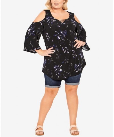 Plus Size Cold Shoulder 3 Bar Print Top Black Midnight Floral $30.24 Tops