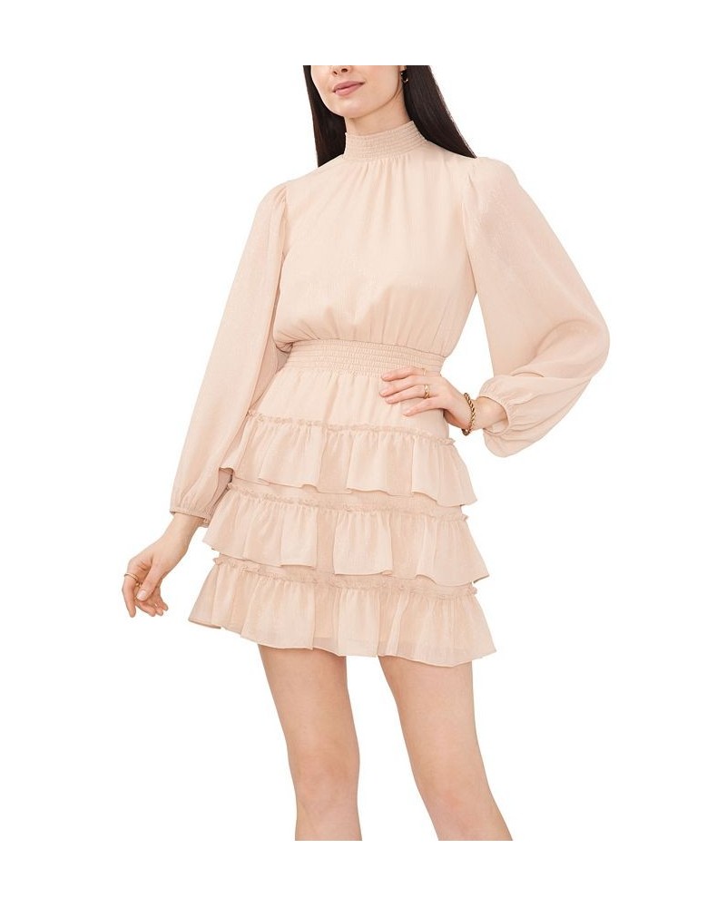 Women's Long Sleeve Smock Neck Ruffle Skirt Dress Beige $39.49 Dresses