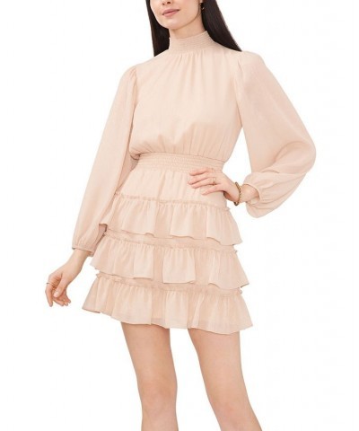 Women's Long Sleeve Smock Neck Ruffle Skirt Dress Beige $39.49 Dresses