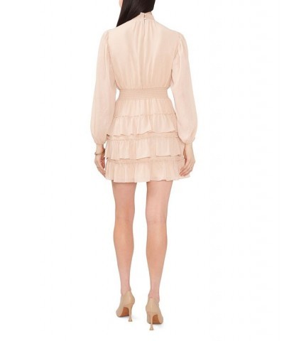 Women's Long Sleeve Smock Neck Ruffle Skirt Dress Beige $39.49 Dresses