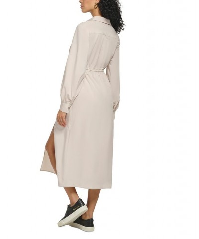 Women's Collared V-Neck Tie-Front Midi Dress Khaki $61.92 Dresses