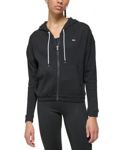 Women's Waffle-Knit Full-Zip Hoodie Black $17.09 Tops