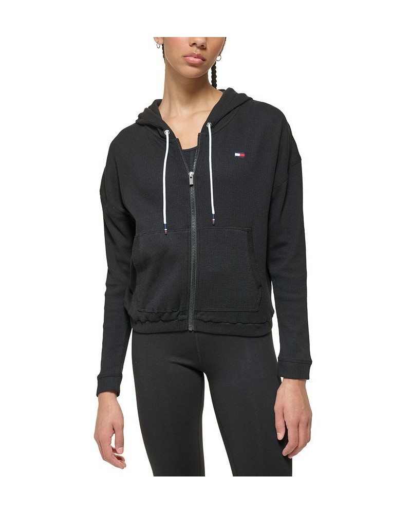 Women's Waffle-Knit Full-Zip Hoodie Black $17.09 Tops