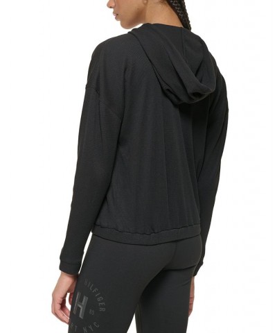 Women's Waffle-Knit Full-Zip Hoodie Black $17.09 Tops