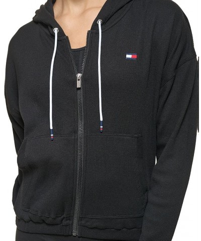 Women's Waffle-Knit Full-Zip Hoodie Black $17.09 Tops