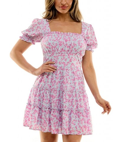 Juniors' Floral-Print Smocked-Sleeve Dress Blue Pink $33.63 Dresses