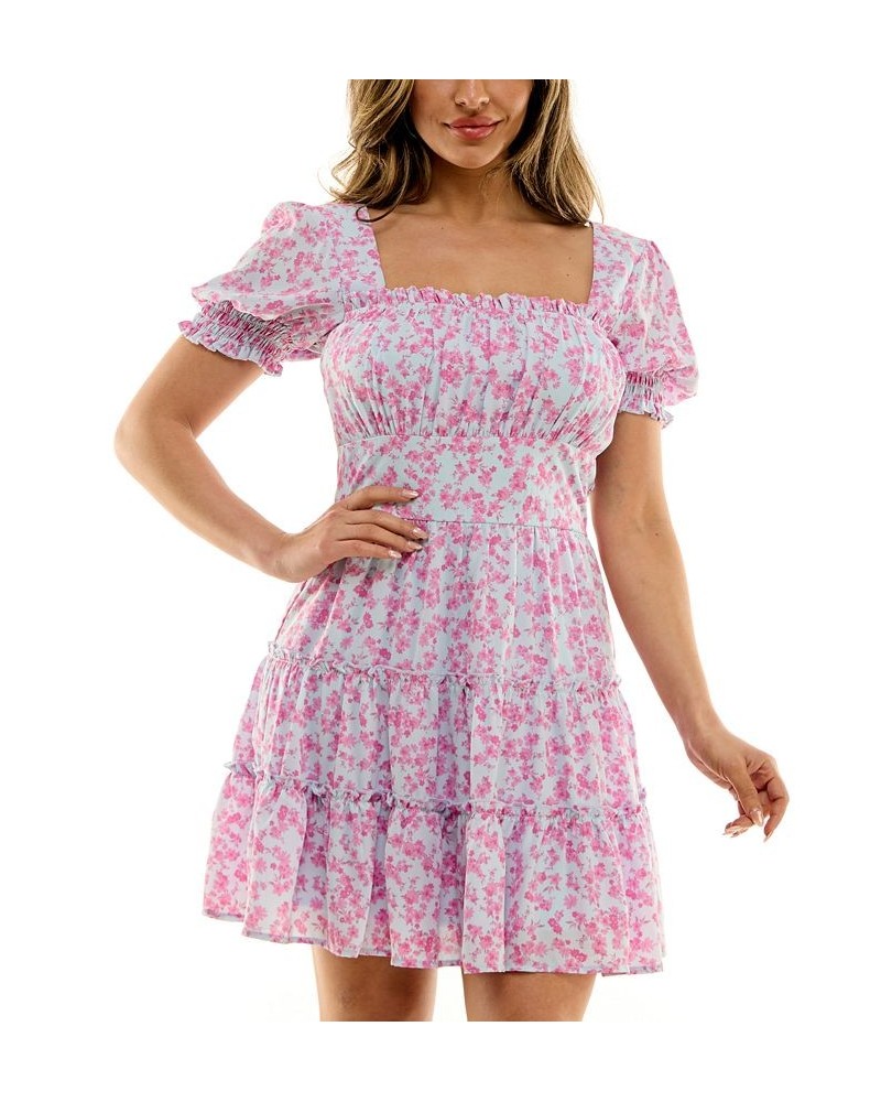 Juniors' Floral-Print Smocked-Sleeve Dress Blue Pink $33.63 Dresses