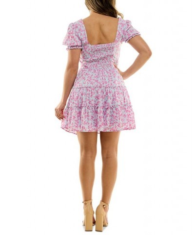 Juniors' Floral-Print Smocked-Sleeve Dress Blue Pink $33.63 Dresses