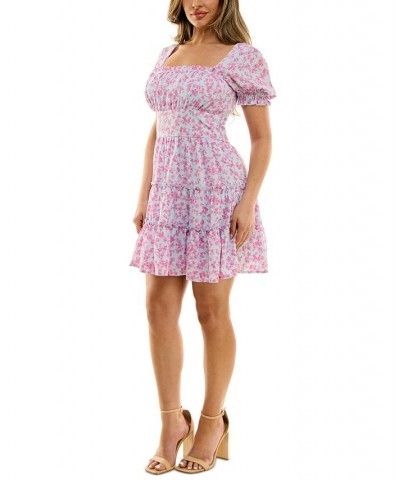 Juniors' Floral-Print Smocked-Sleeve Dress Blue Pink $33.63 Dresses