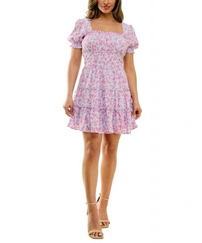 Juniors' Floral-Print Smocked-Sleeve Dress Blue Pink $33.63 Dresses