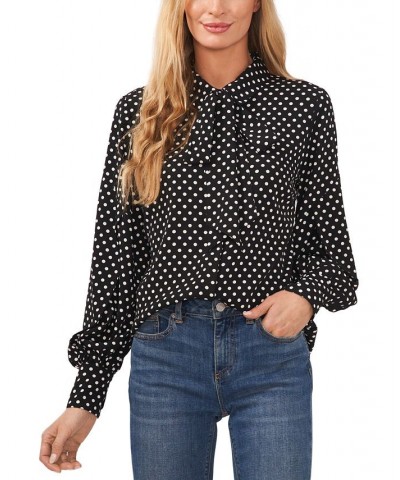 Women's Polka Dot Bow-Neck Button-Front Top Rich Black $28.29 Tops