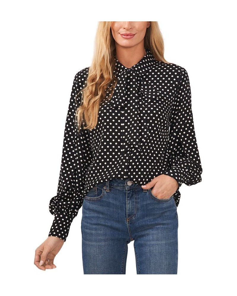 Women's Polka Dot Bow-Neck Button-Front Top Rich Black $28.29 Tops