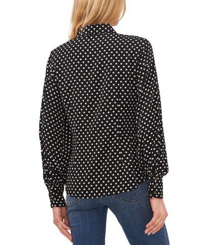 Women's Polka Dot Bow-Neck Button-Front Top Rich Black $28.29 Tops