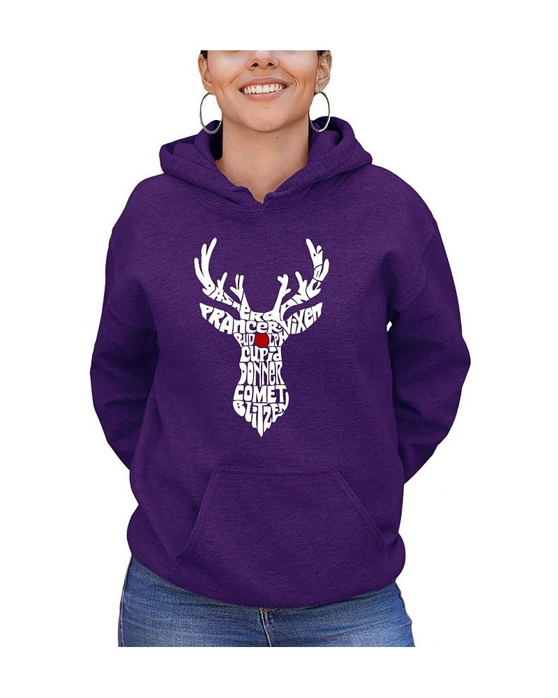 Women's Santa's Reindeer Word Art Hooded Sweatshirt Purple $30.59 Sweatshirts