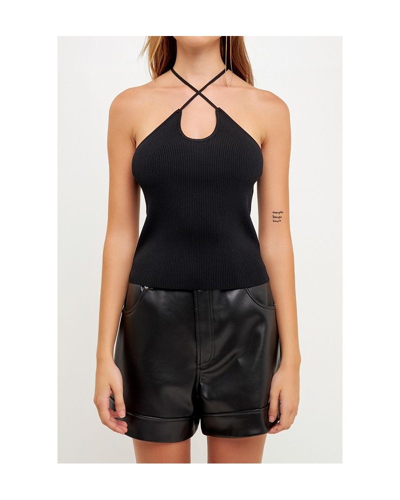 Women's Crossover Skinny Rib Knit Top Black $37.80 Tops