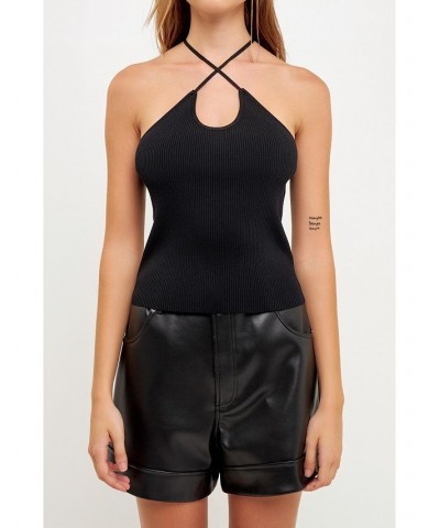 Women's Crossover Skinny Rib Knit Top Black $37.80 Tops