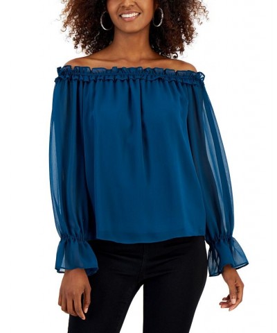 Women's Off-The-Shoulder Ruffled Blouse Teal Kingfisher $13.87 Tops